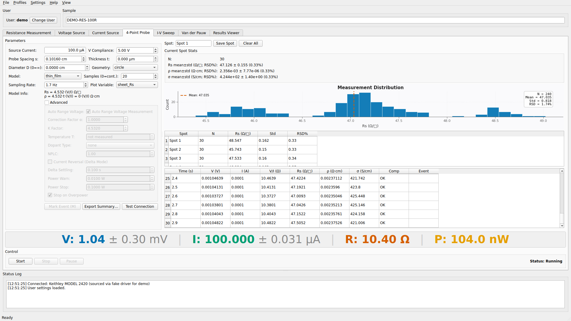 ResistaMet GUI — four-point-probe tab