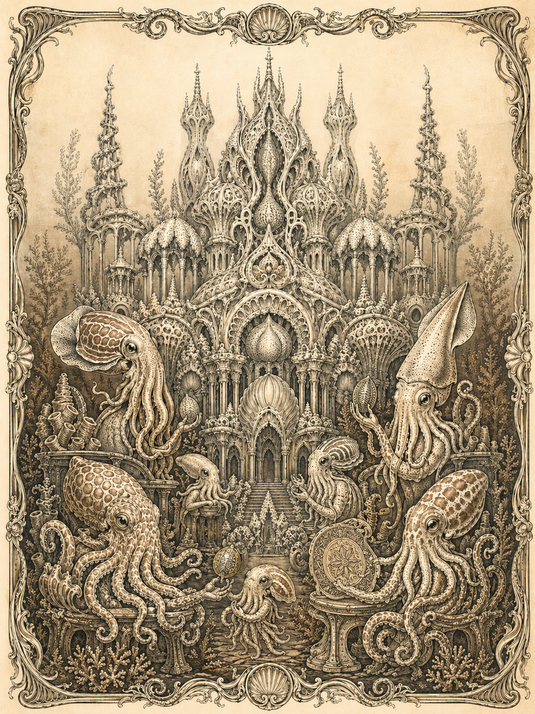 AI-generated illustration, in the style of Ernst Haeckel's Kunstformen der Natur, depicting an imagined Atlantis-style cuttlefish civilization with ornate underwater architecture and multiple cephalopods engaged in civic and scholarly activity